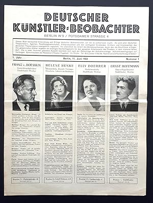 Deutscher Künstler-Beobachter - 1. Jahr, Nummer 1 - 1933 - Franz von Hoesslin, Valeria Kratina etc.