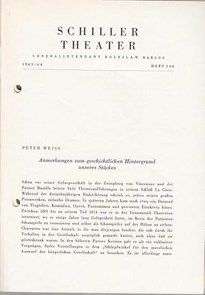 Image du vendeur pour Die Verfolgung und Ermordung Jean Paul Marats dargestellt durch die Schauspielgruppe des Hospizes zu Charenton unter Anleitung des Herrn de Sade. Programmheft 148 der Spielzeit 1963 / 1964. Inszenierung: Konrad Swinarski. Choreographie: Deryk Mendel. Mit u. a.: Wolfgang Khne, Lilo Zabke, Ernst Schrder, Peter Mosbacher, Else Reu, Lothar Blumhagen. mis en vente par Antiquariat Carl Wegner