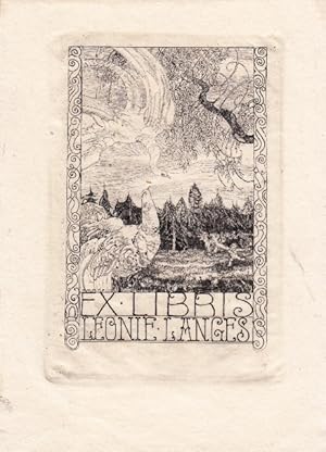 Imagen del vendedor de Ex Libris Leonie Langes. Zwei Vgel und Kinder in Waldlichtung. a la venta por Antiquariat  Braun