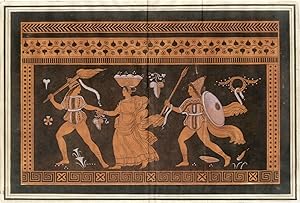 [Due guerrieri e una donna; particolare d'un vaso greco a figure rosse su sfondo nero].
