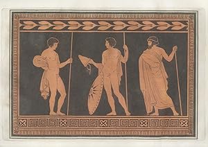 [Particolare da un vaso greco a figure rosse su sfondo nero: tre personaggi maschili dei quali qu...