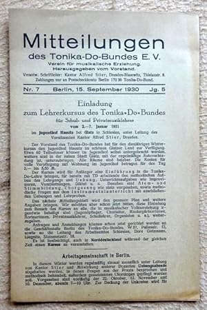 Mitteilungen des Tonika-Do-Bundes e.V. Nr. 7, Berlin, 15. September 1930, 5. Jg. (Verein für musi...