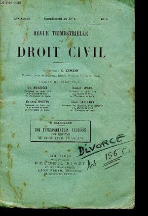 Bild des Verkufers fr Revue trimestrielle de droit civil supplment n1 1914 - une interprtation vaudoise d'une disposition du code civil franais zum Verkauf von Le-Livre