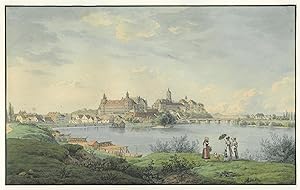 NEUBURG/Donau. Gesamtansicht von Norden. Der Blick über die Donau fällt auf das wuchtige Schloss ...