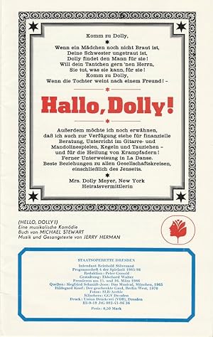 Bild des Verkufers fr Programmheft Jerry Herman: Hallo, Dolly ! ( Hello, Dolly ) Premiere 15. Mrz 1986 Spielzeit 1985 / 86 Heft 4 zum Verkauf von Programmhefte24 Schauspiel und Musiktheater der letzten 150 Jahre