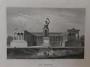 Die Bavaria und die Ruhmeshalle in München. Stahlstich um 1850.