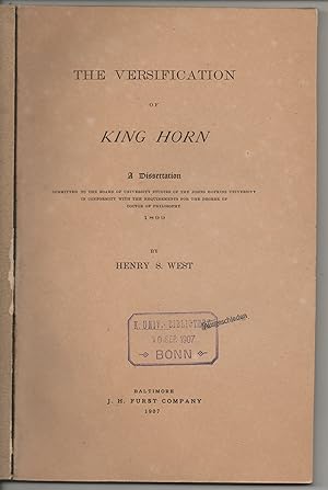 Bild des Verkufers fr The versification of King Horn. Dissertation. zum Verkauf von Wissenschaftliches Antiquariat Kln Dr. Sebastian Peters UG