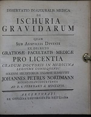 Imagen del vendedor de Dissertatio inauguralis medica de Ischuria Gravidarum. a la venta por Antiquariat  Braun