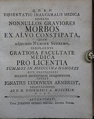 Imagen del vendedor de Dissertatio inauguralis medica sistens nonullos graviores morbos ex alvo constipata. a la venta por Antiquariat  Braun