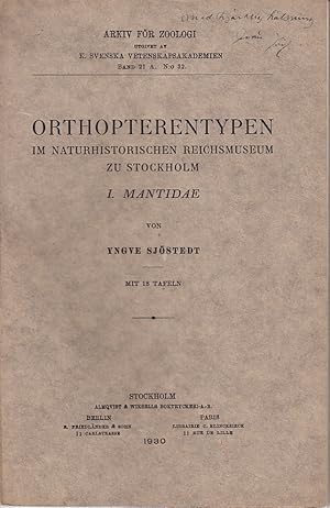 Bild des Verkufers fr Orthopterentypen im naturhistorischen Reichsmuseum zu Stockholm. I. Mantidae. Mit 18 Tafeln. Vorgelegt am 26. Mai 1930. zum Verkauf von Centralantikvariatet