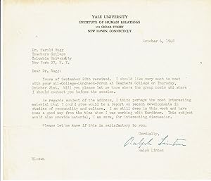 TYPED LETTER TO EDUCATOR HAROLD RUGG SIGNED BY RESPECTED AMERICAN ANTHROPOLOGIST RALPH LINTON.