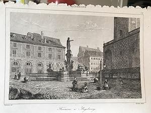 Fontaine à Augsbourg. (Augustusbrunnen Augsburg). Stahlstich von Lemaitre nach Dumoura, um 1835.