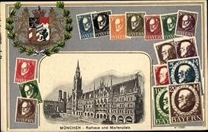 Briefmarken Wappen Ansichtskarte / Postkarte München Bayern, Rathaus, Marienplatz