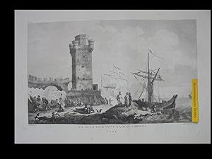 "Vue de la Tour Saint Nicolas à Rhodes". Turm St. Nikolaos am Hafen von Rhodos.