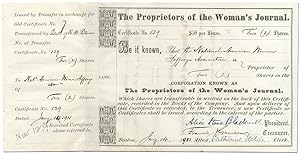 Stock Certificate No. 129 for The Proprietors of The Woman's Journal Corporation [with] attached ...
