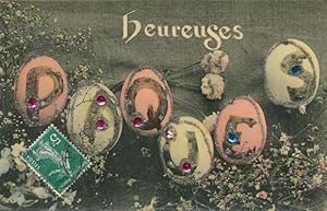 Glitzer Ansichtskarte / Postkarte Glückwunsch Ostern, Ostereier, Blumen