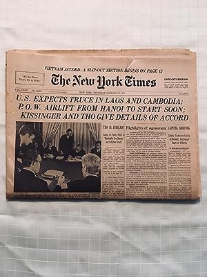 The New York Times Newspaper: Thrusday, January 25, 1973: U.S. EXPECTS TRUCE IN LAOS AND CAMBODIA...
