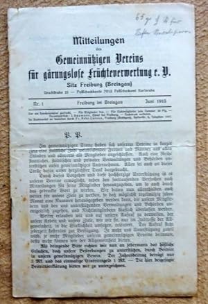 Bild des Verkufers fr Mitteilungen des Gemeinntzigen Vereins fr grungslose Frchteverwertung e.V. (Sitz Freiburg) Nr. 1 Juni 1915 zum Verkauf von ANTIQUARIAT H. EPPLER