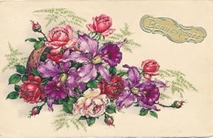Glitzer Ansichtskarte / Postkarte Glückwunsch Neujahr, Bonne Année, Blumen, Rosen
