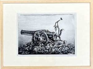 Original-Lithographie "Schluss". Fuchs, der mit einer Hammer eine Kanone zerstört. Auf Bütten ged...