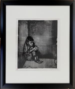 Original-Lithographie "Der Gefangene". Mann, der sich in fensterlosem Raum in eine Ecke kauert. A...