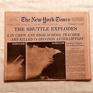 The New York Times Newspaper: Wednesday, January 29, 1986: THE SHUTTLE EXPLODES: 6 In Crew and Hi...