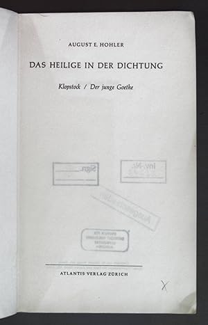 Seller image for Das heilige in der Dichtung: Klopstock - Der junge Goethe. for sale by books4less (Versandantiquariat Petra Gros GmbH & Co. KG)