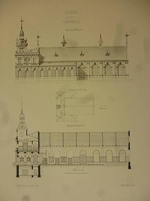 Orig. Mustertafel: Entwurf zu einer Turnhalle. Seitenansicht und Längenschnitt. Aus der Mappe " S...