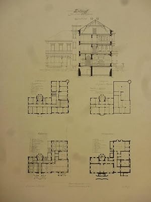 Orig. Mustertafel: Entwurf zu einem Gasthaus. Aus der Mappe " Schüler Entwürfe Baugewerk - Schule...