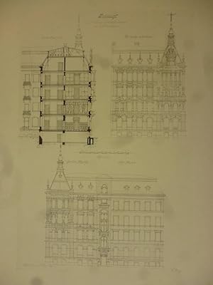 Orig. Mustertafel: Entwurf zu einem Miethause für vier Familien. Querschnitt. Aus der Mappe " Sch...