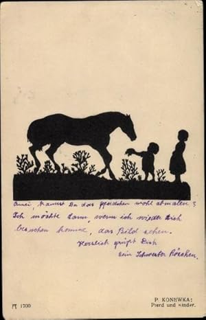 Scherenschnitt Ansichtskarte / Postkarte Konewka, Paul, Pferd und Kinder, Ackermann 140 IV