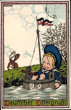 Künstler Ansichtskarte / Postkarte Glückwunsch Ostern, Junge als Marinesoldat in Boot, Osterhase,...