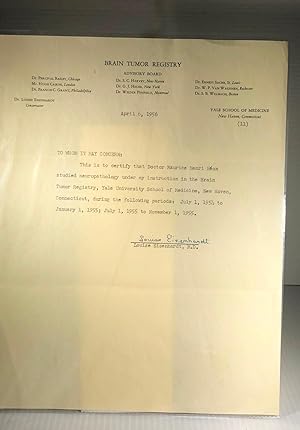 Typed Letter Signed, April 6, 1956, on letterhead of the Brain Tumor Registry, Yale School of Med...
