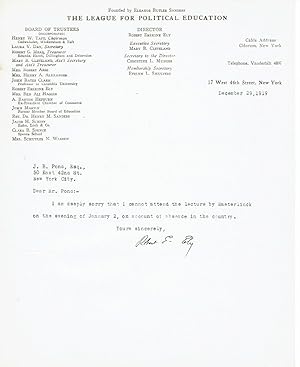 TYPED NOTE SIGNED by the director of the Town Hall League ROBERT ERSKINE ELY, regretting that he ...