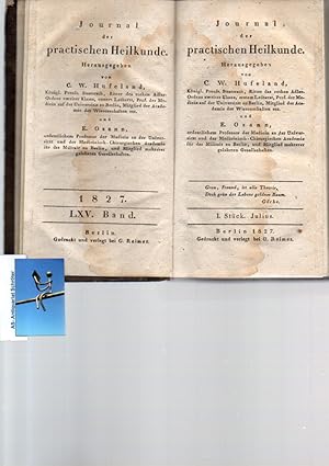 Imagen del vendedor de Neues Journal der practischen Heilkunde. Band LXV. Fnfundsechzigster Band. In 6 Stcken. [Julius-December]. Mit drei z.T. ausklappbaren Kupferstichen. a la venta por Antiquariat Schrter -Uta-Janine Strmer