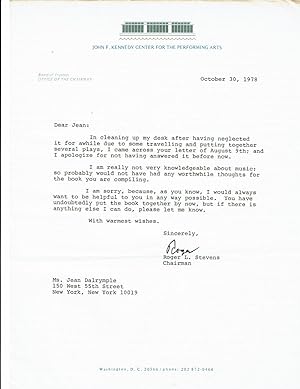 TYPED LETTER SIGNED by the American Theater Producer ROGER L. STEVENS, as Chairman of the Kennedy...