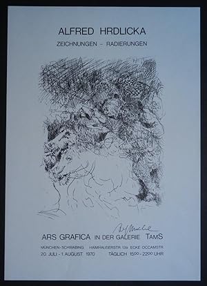 Signiertes original Plakat (Offset-Lithographie auf hellgrauem Papier) zur Ausstellung: Alfred Hr...