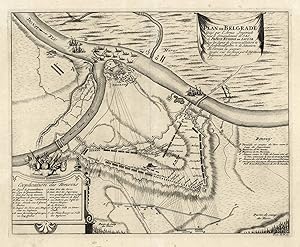 Bild des Verkufers fr Befestigungsplan mit Umgebung u. Belagerung ('Plan De Belgrade Assige par l' Armee Imperiale sous le Comandement de S.A.S. le Prince Eugene De Savoie Avec les Lignes de Circonvallation & de Contravallation & la Situation du Terrein la autour; Dress sur les lieux par le Capitaine Ingenieur Riekeseler.'). zum Verkauf von Antiquariat Norbert Haas