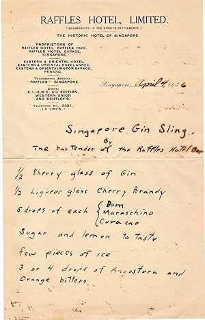 Seller image for Manuscript Cocktail Recipe for Singapore Gin Sling on Raffles Hotel letterhead stationary for sale by Babylon Revisited Rare Books