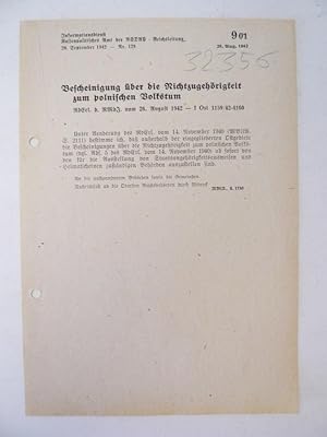 Seller image for Nr. 129 vom 20. September 1942: Bescheinigung ber die Nichtzugehrigkeit zum polnischen Volkstum (26. August 1942) Dieses Buch wird von uns nur zur staatsbrgerlichen Aufklrung und zur Abwehr verfassungswidriger Bestrebungen angeboten (86 StGB) for sale by Galerie fr gegenstndliche Kunst