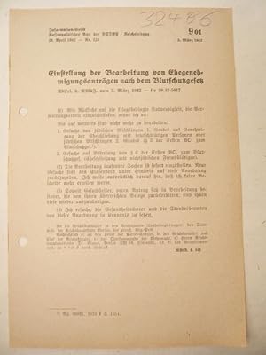 Seller image for Nr. 129 vom 20. Februar 1942 - Nr. 122 Einstellung der Bearbeitung von Ehegenehmigungsantrgen nach dem Blutschutzgesetz. Runderlass des Reichsministeriums des Innern vom 3. Mrz 1942 for sale by Galerie fr gegenstndliche Kunst