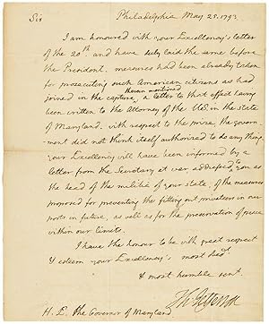 [AUTOGRAPH LETTER, SIGNED, FROM THOMAS JEFFERSON AS SECRETARY OF STATE, TO MARYLAND GOVERNOR THOM...