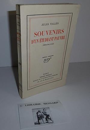Bild des Verkufers fr Souvenirs d'un tudiant pauvre (mmoires vrais). Paris. NRF. Gallimard. 1930. zum Verkauf von Mesnard - Comptoir du Livre Ancien