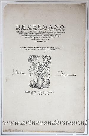 [Antique title page, 1539] DE GERMANORUM PRIMA ORIGINE, MORIBUS, INSTITUTIONIS, published 1539, 1 p.