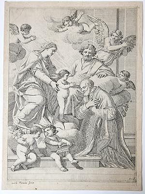 [Antique print, etching] S. Philip Neri in adoration of Jesus with Mary, St. Joseph and putti/Apo...