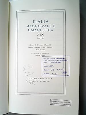 Immagine del venditore per Italia medioevale e umanistica. XIX (1976) venduto da Antiquariat Bookfarm