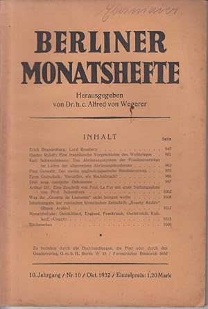 Bild des Verkufers fr Berliner Monatshefte. 10. Jahrgang / Nr. 10 / Oktober 1932 zum Verkauf von Allguer Online Antiquariat