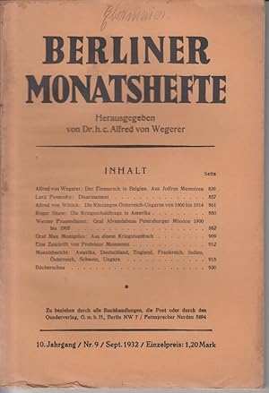 Bild des Verkufers fr Berliner Monatshefte. 10. Jahrgang / Nr. 9 / September 1932 zum Verkauf von Allguer Online Antiquariat