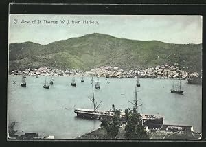 Postcard St. Thomas, Panorama des Ortes mit Hafen