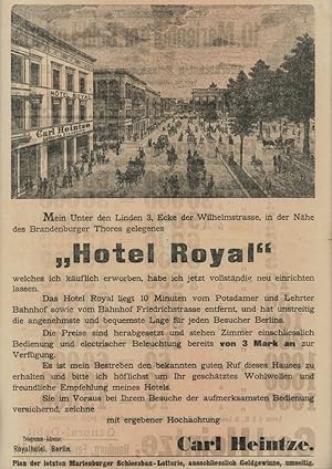 Großformatiges Werbeblatt des Lotterieverkäufers Carl Heintze für sein neu erworbenes "Hotel Roya...